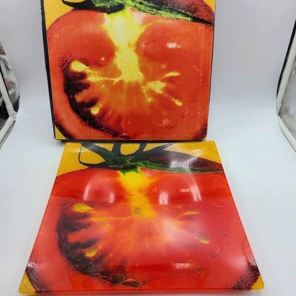 Prima Donna Glass Serving Platter 12" Square Reverse Painted Tomato New